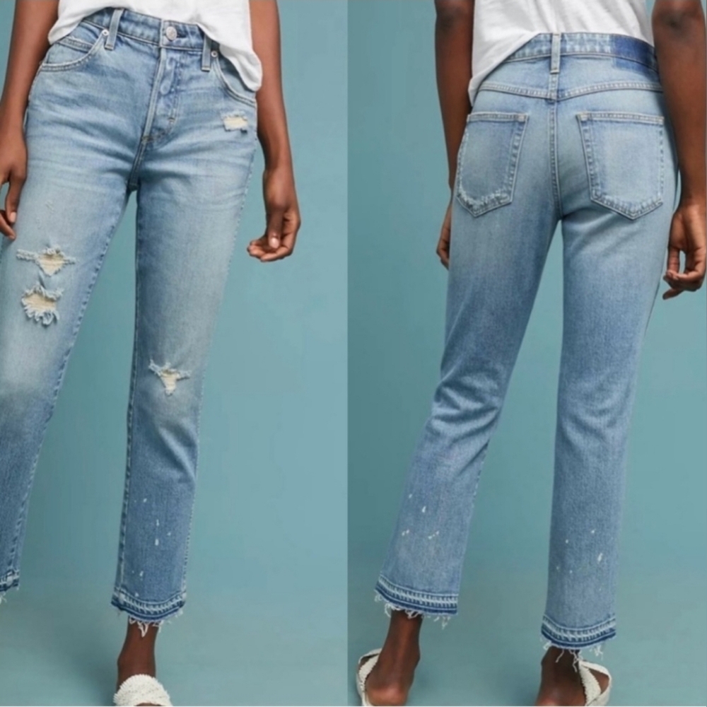 Amo Babe Forget Me Not Straight cropped Blue Distressed Women Jeans Size 28